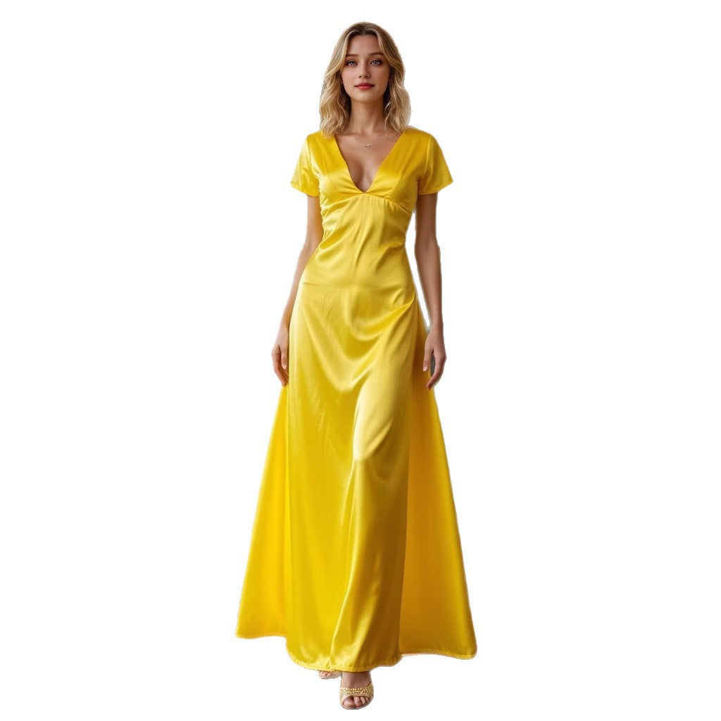 Women's Elegant Versatile V-Neck Texture Short-Sleeve Long dress Evening Gown