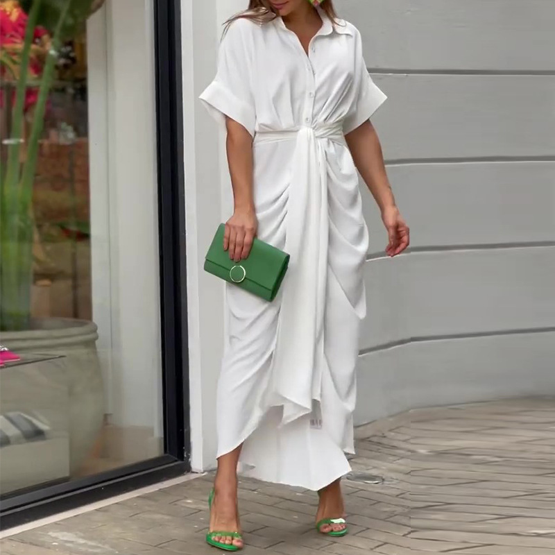 2024 Women's Printed High Waisted Cardigan Dress with Irregular Long Skirt - Short Sleeved Fashion Statement