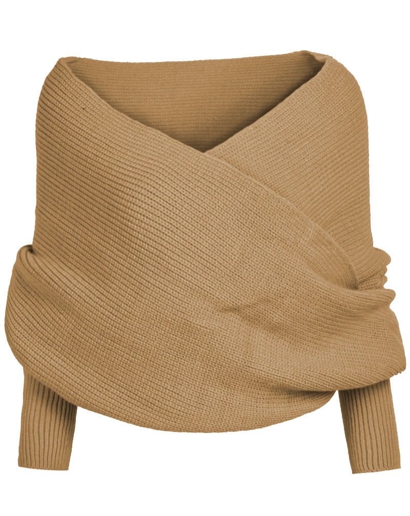 Autumn and winter new V-shaped cross one-word collar off-the-shoulder knitted sexy pullover sweater scarf