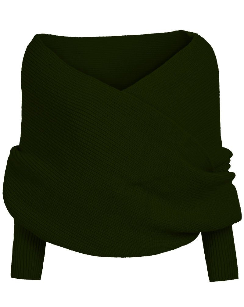 Autumn and winter new V-shaped cross one-word collar off-the-shoulder knitted sexy pullover sweater scarf