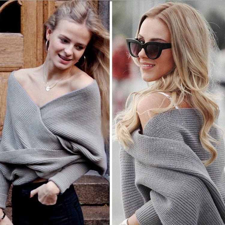 Autumn and winter new V-shaped cross one-word collar off-the-shoulder knitted sexy pullover sweater scarf