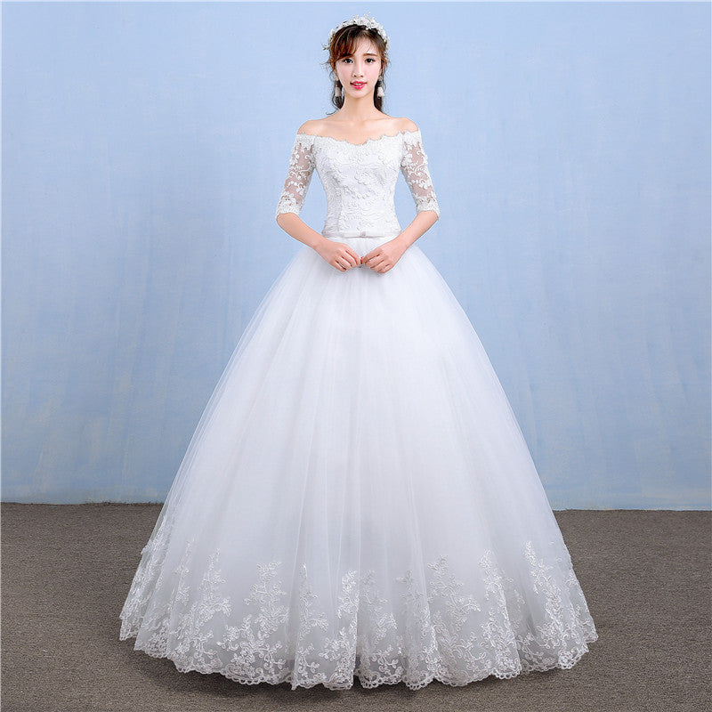 One-word Shoulder Wedding Dress Bride New Long Trailing Dream Princess Korean Long-sleeved Slim Wedding Dress