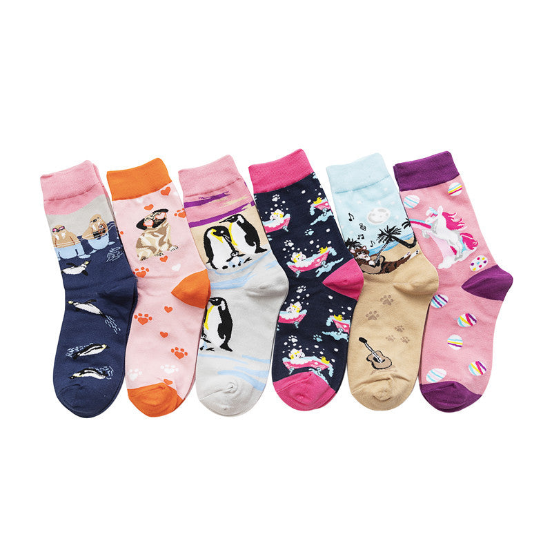 Women's Cotton Sock Women's Men's Cute Pattern Socks Women's Cartoon Trend Socks-5PRS