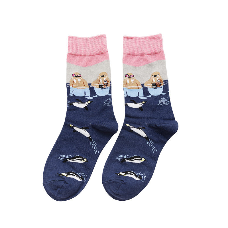 Women's Cotton Sock Women's Men's Cute Pattern Socks Women's Cartoon Trend Socks-5PRS