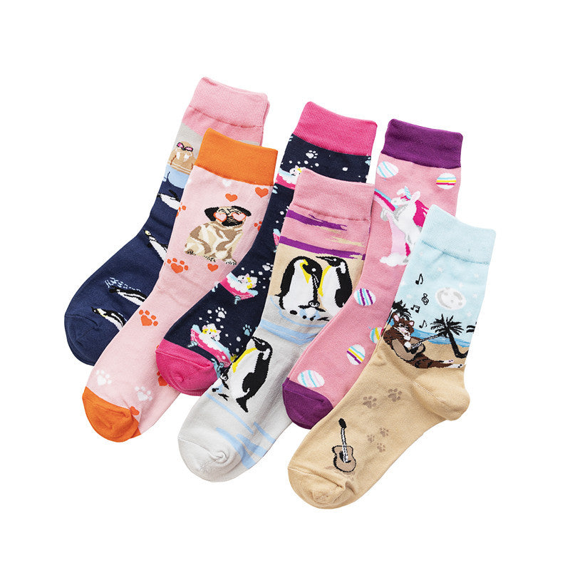 Women's Cotton Sock Women's Men's Cute Pattern Socks Women's Cartoon Trend Socks-5PRS