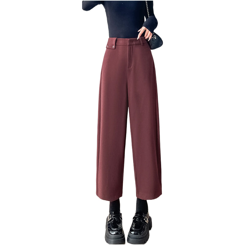 Autumn and Winter New High-waisted Nine-point Straight-leg Woolen Pants with Fleece Harlan Boots Casual Pants for Women