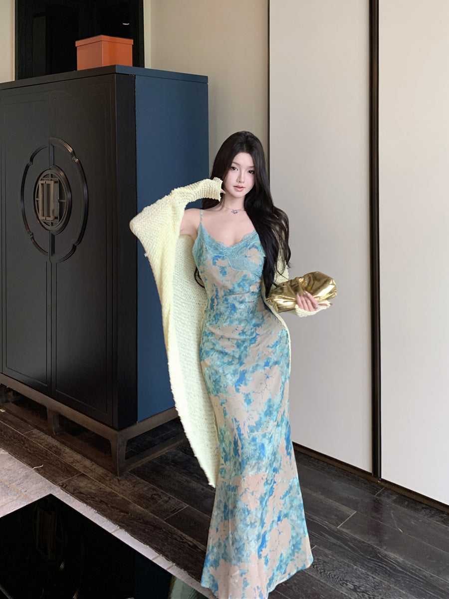 Women’s Retro Fishtail Print Dress: Sexy Sleeveless Bodycon Evening Gown