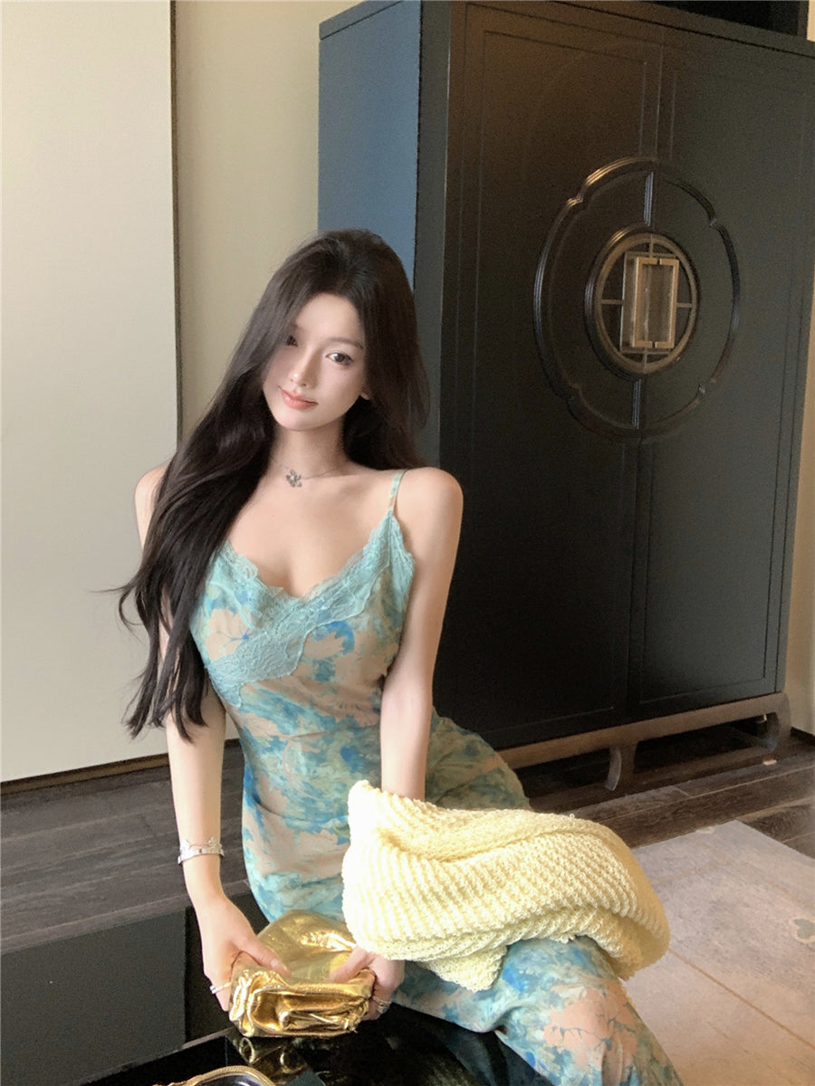 Women’s Retro Fishtail Print Dress: Sexy Sleeveless Bodycon Evening Gown
