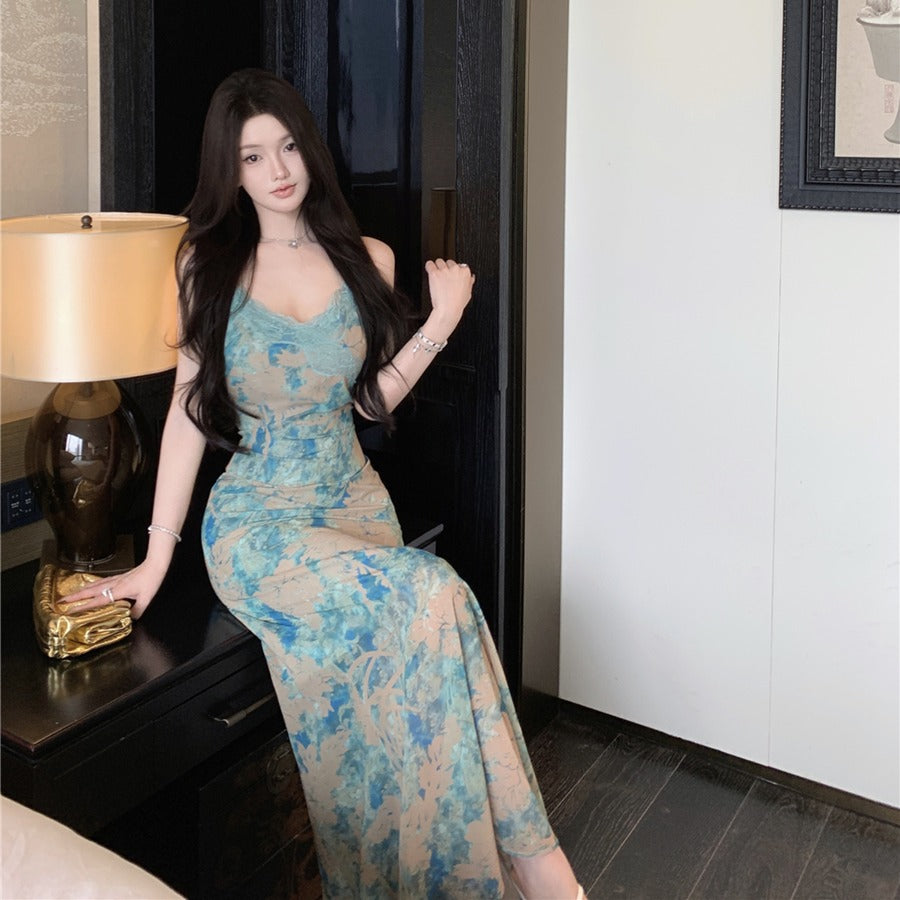 Women’s Retro Fishtail Print Dress: Sexy Sleeveless Bodycon Evening Gown