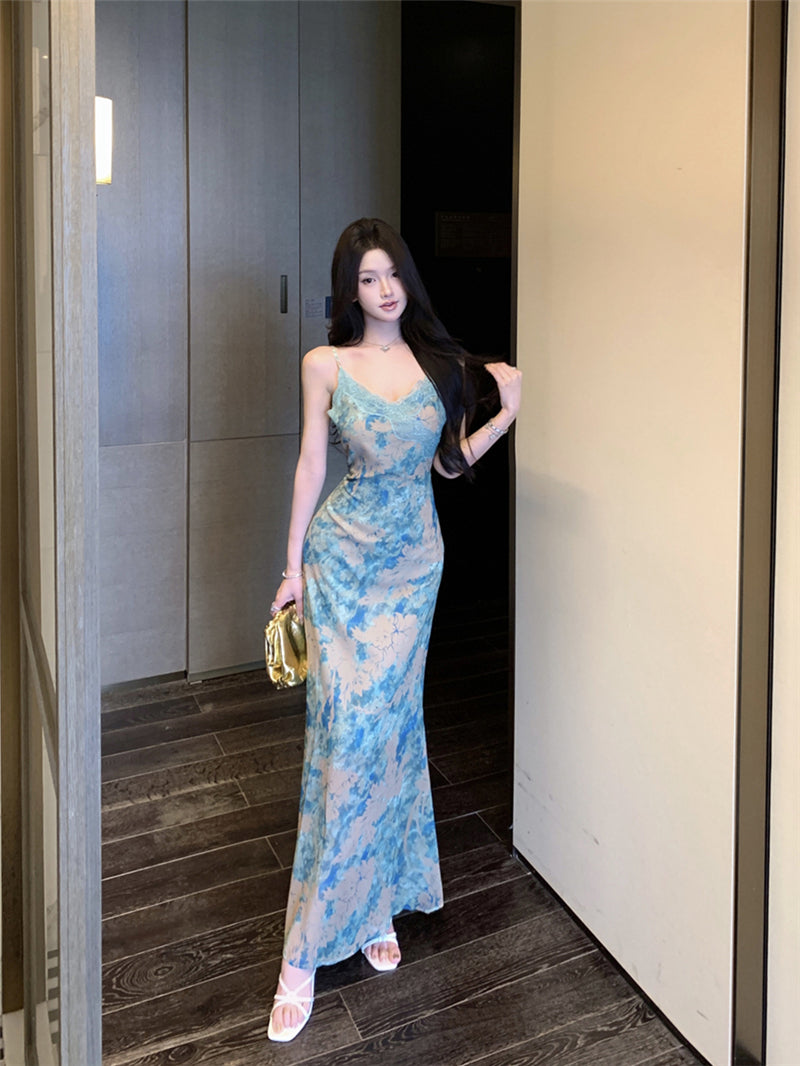 Women’s Retro Fishtail Print Dress: Sexy Sleeveless Bodycon Evening Gown