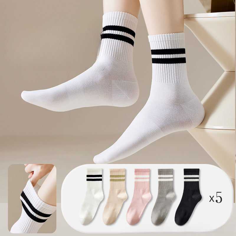 5 PRS-Men's Medium Tube Socks Terry Socks Towel Bottom Sports Cotton White Stockings Basketball Socks