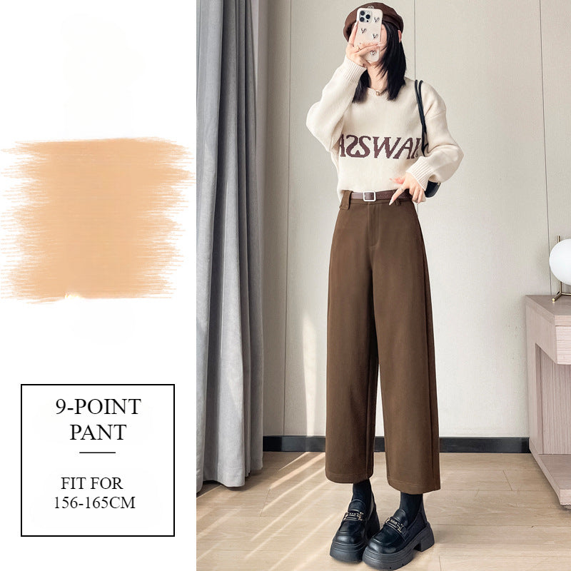 Autumn and Winter New High-waisted Nine-point Straight-leg Woolen Pants with Fleece Harlan Boots Casual Pants for Women