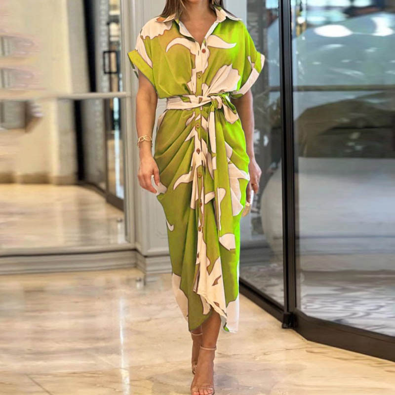 2024 Women's Printed High Waisted Cardigan Dress with Irregular Long Skirt - Short Sleeved Fashion Statement