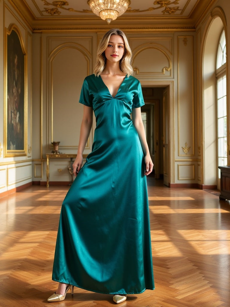 Women's Elegant Versatile V-Neck Texture Short-Sleeve Long dress Evening Gown