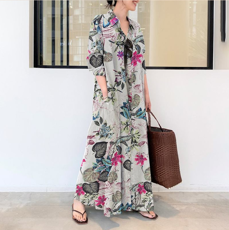 Upgrade Your Wardrobe with Our New Style Cotton and Linen Print Long Shirt Dress - Perfect for Casual and Comfortable Days!