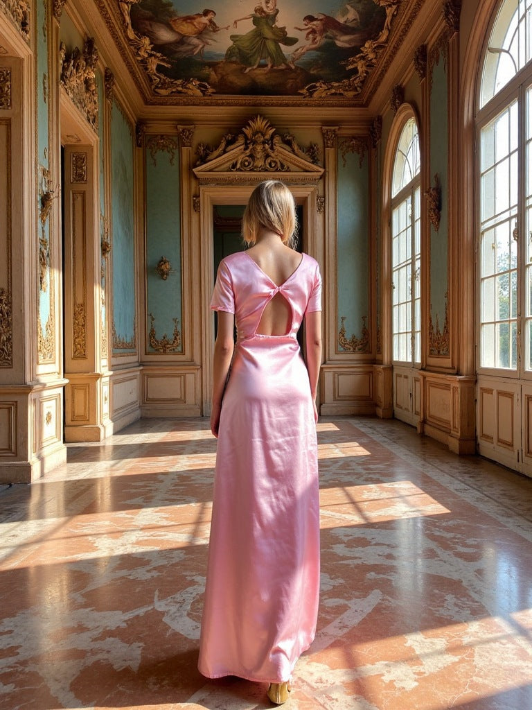 Women's Elegant Versatile V-Neck Texture Short-Sleeve Long dress Evening Gown