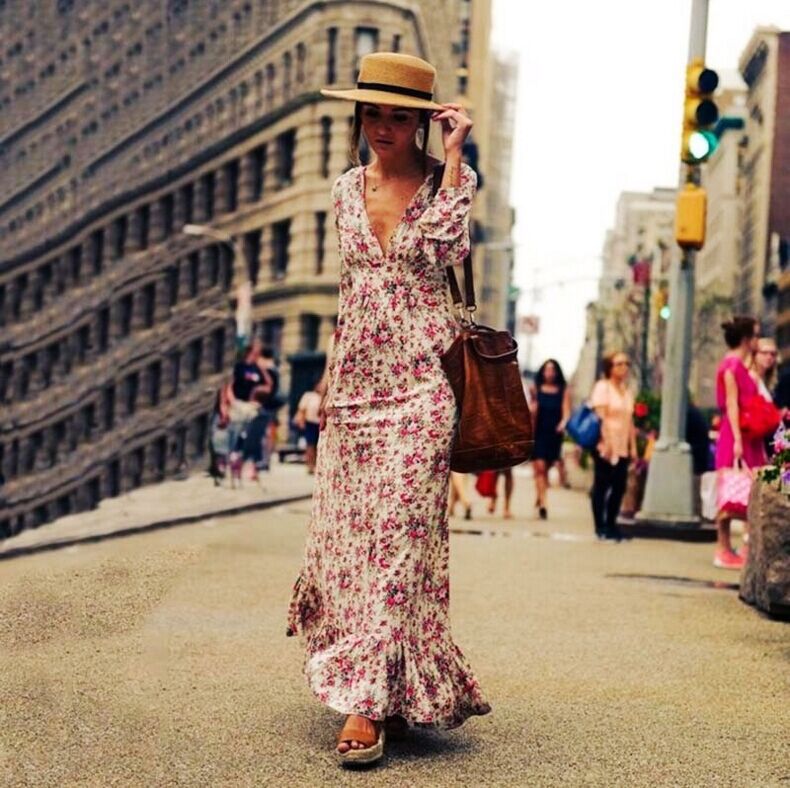 Bohemian Ladies Print Floral Ruffle V-Neck Lantern Sleeve Long Autumn Dress