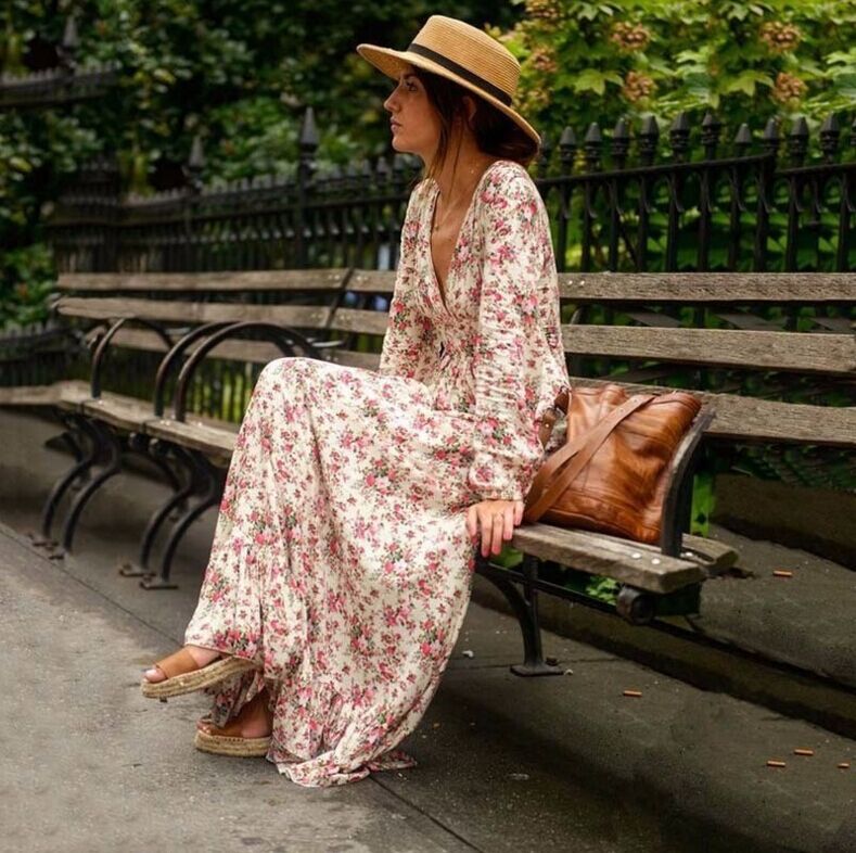 Bohemian Ladies Print Floral Ruffle V-Neck Lantern Sleeve Long Autumn Dress
