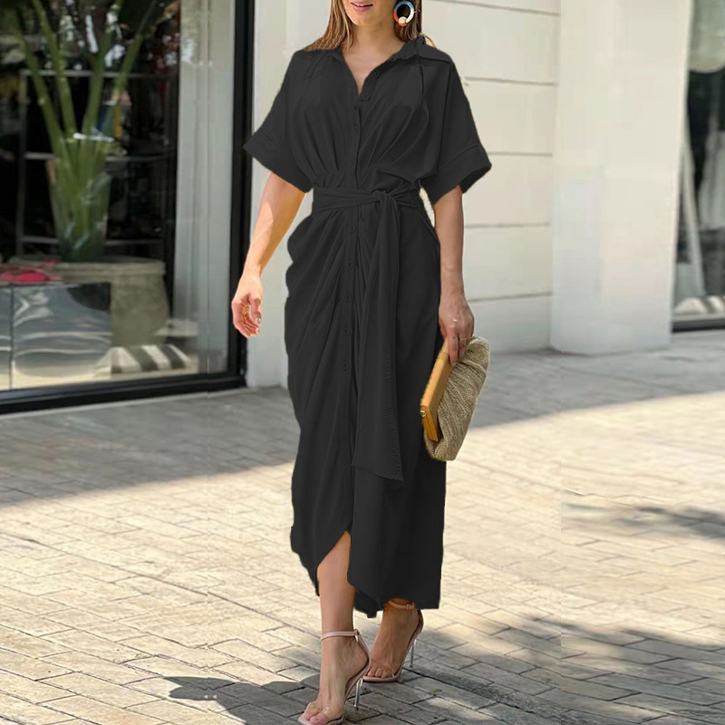 2024 Women's Printed High Waisted Cardigan Dress with Irregular Long Skirt - Short Sleeved Fashion Statement