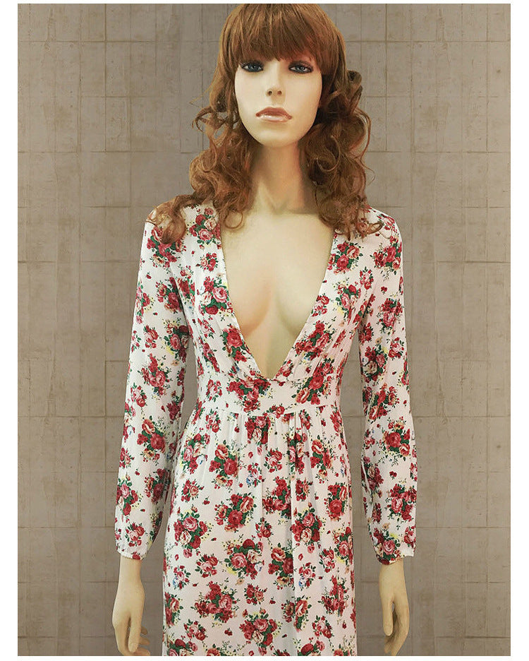 Bohemian Ladies Print Floral Ruffle V-Neck Lantern Sleeve Long Autumn Dress