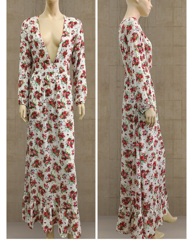 Bohemian Ladies Print Floral Ruffle V-Neck Lantern Sleeve Long Autumn Dress