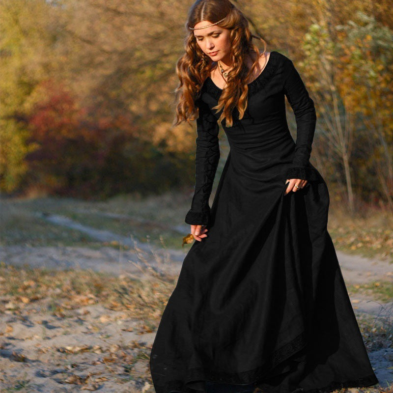Classic Medieval Central European Party Long Sleeve Crewneck Slim Fit Women's Dress