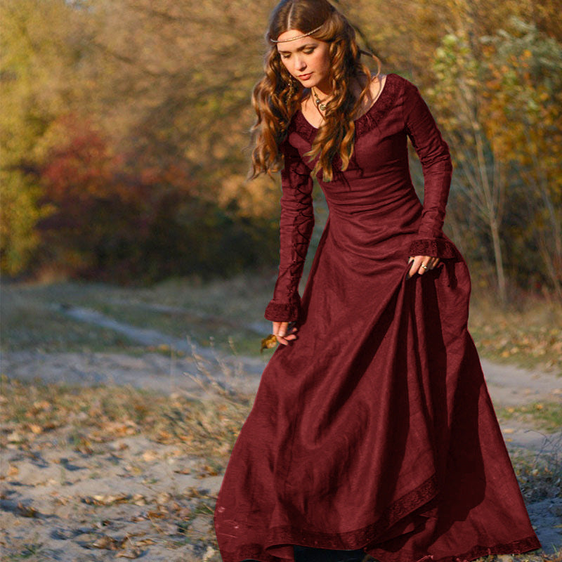 Classic Medieval Central European Party Long Sleeve Crewneck Slim Fit Women's Dress