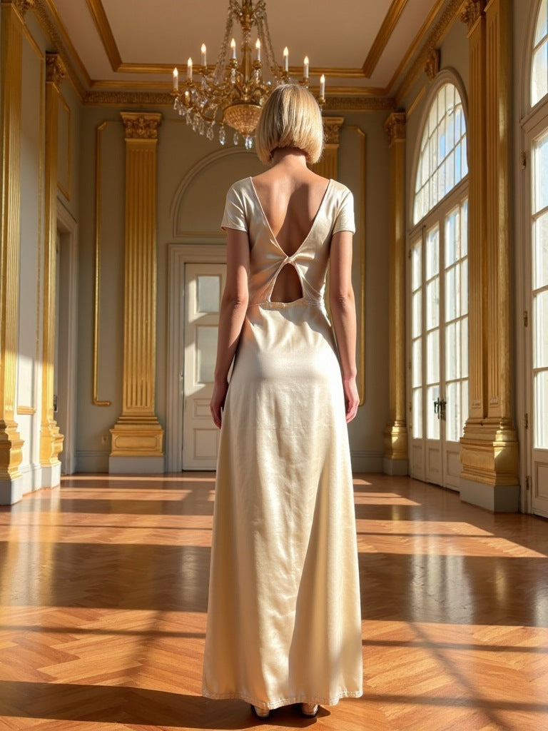 Women's Elegant Versatile V-Neck Texture Short-Sleeve Long dress Evening Gown