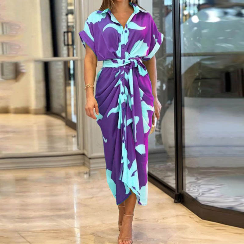 2024 Women's Printed High Waisted Cardigan Dress with Irregular Long Skirt - Short Sleeved Fashion Statement