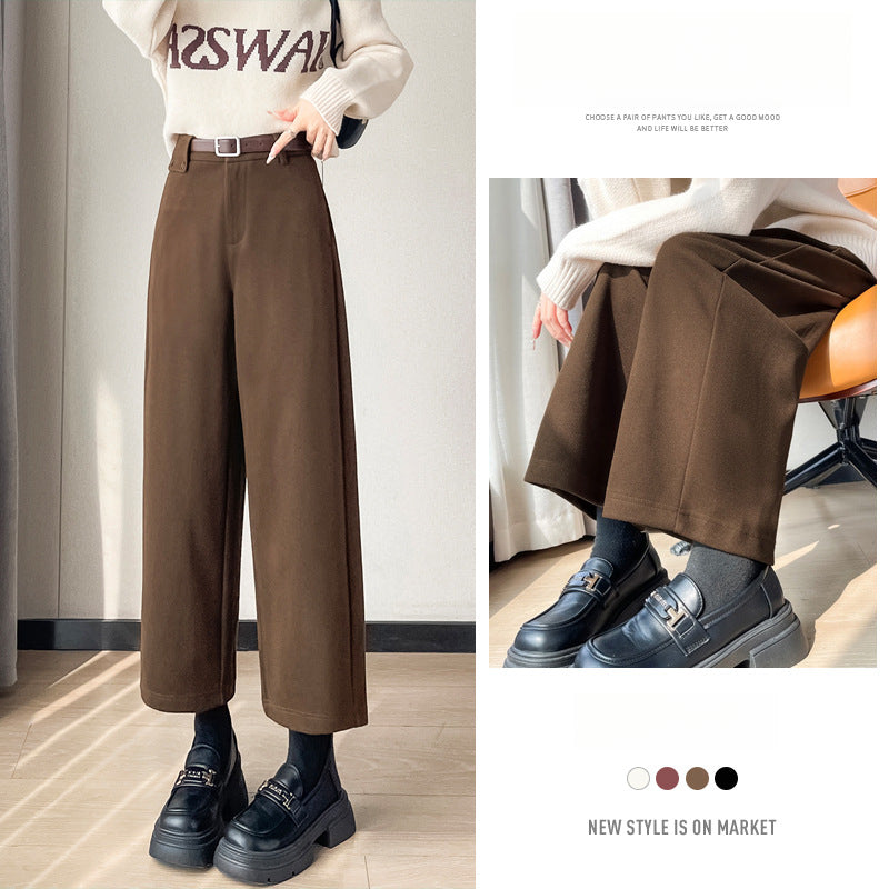 Autumn and Winter New High-waisted Nine-point Straight-leg Woolen Pants with Fleece Harlan Boots Casual Pants for Women