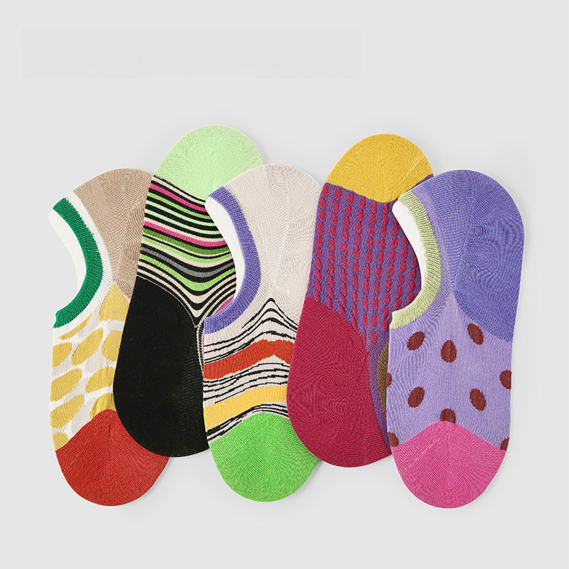 Women’s Vintage Polka Dot Boat Socks | Japanese Kawaii Contrast | Non-Slip Lightweight Summer Ankle Socks-5Prs