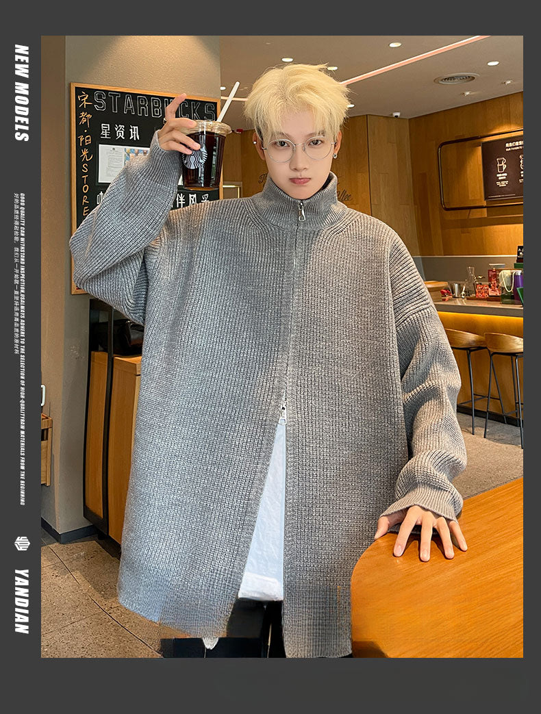 Autumn and Winter Trend Simple Double-headed Zipper Stand-up Neck Sweater Top Jacket