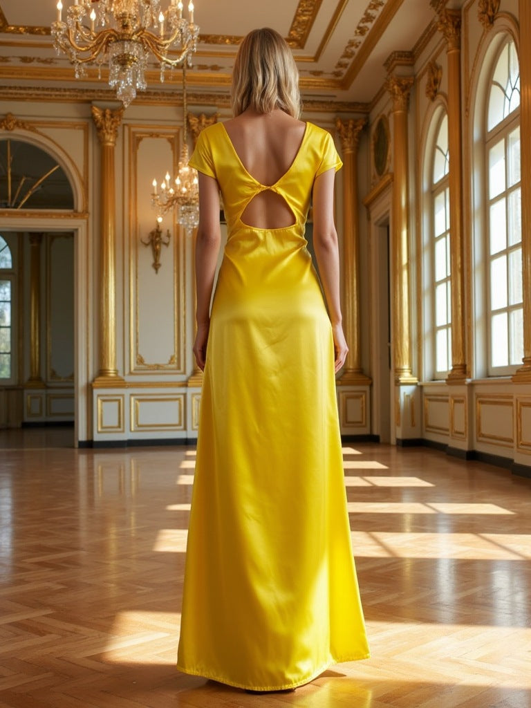 Women's Elegant Versatile V-Neck Texture Short-Sleeve Long dress Evening Gown