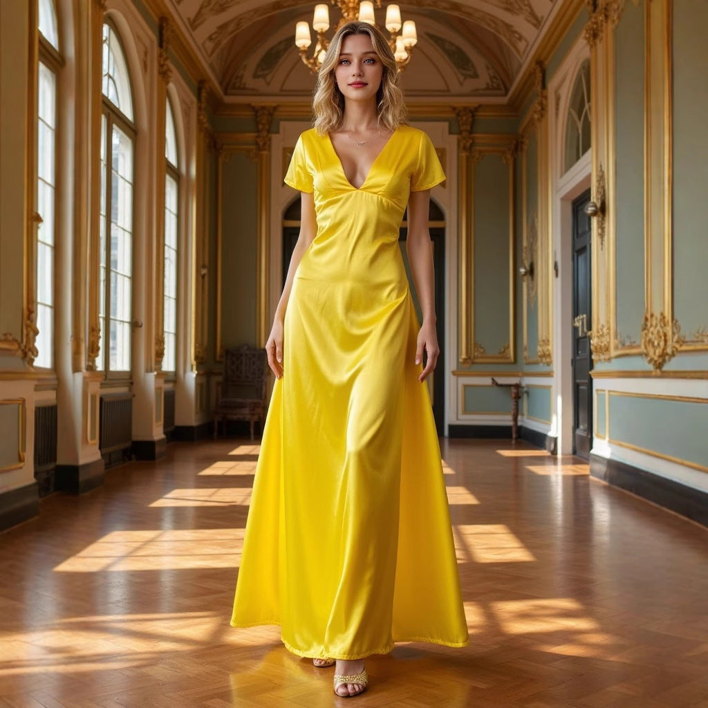 Women's Elegant Versatile V-Neck Texture Short-Sleeve Long dress Evening Gown