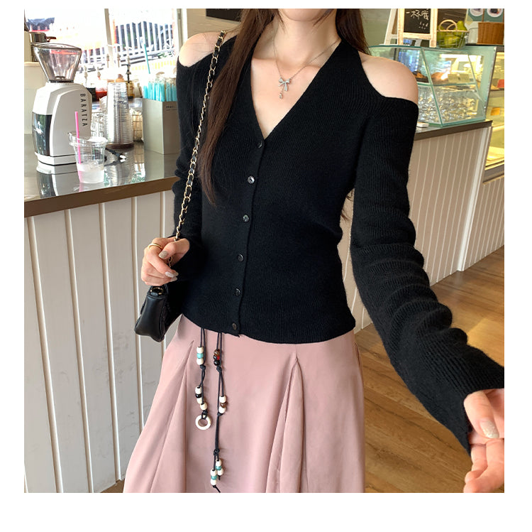 Lazy Halter Neck Long Sleeve Knitted Sweater for Women, Autumn New Style, Super Beautiful, Mature Off-Shoulder Top