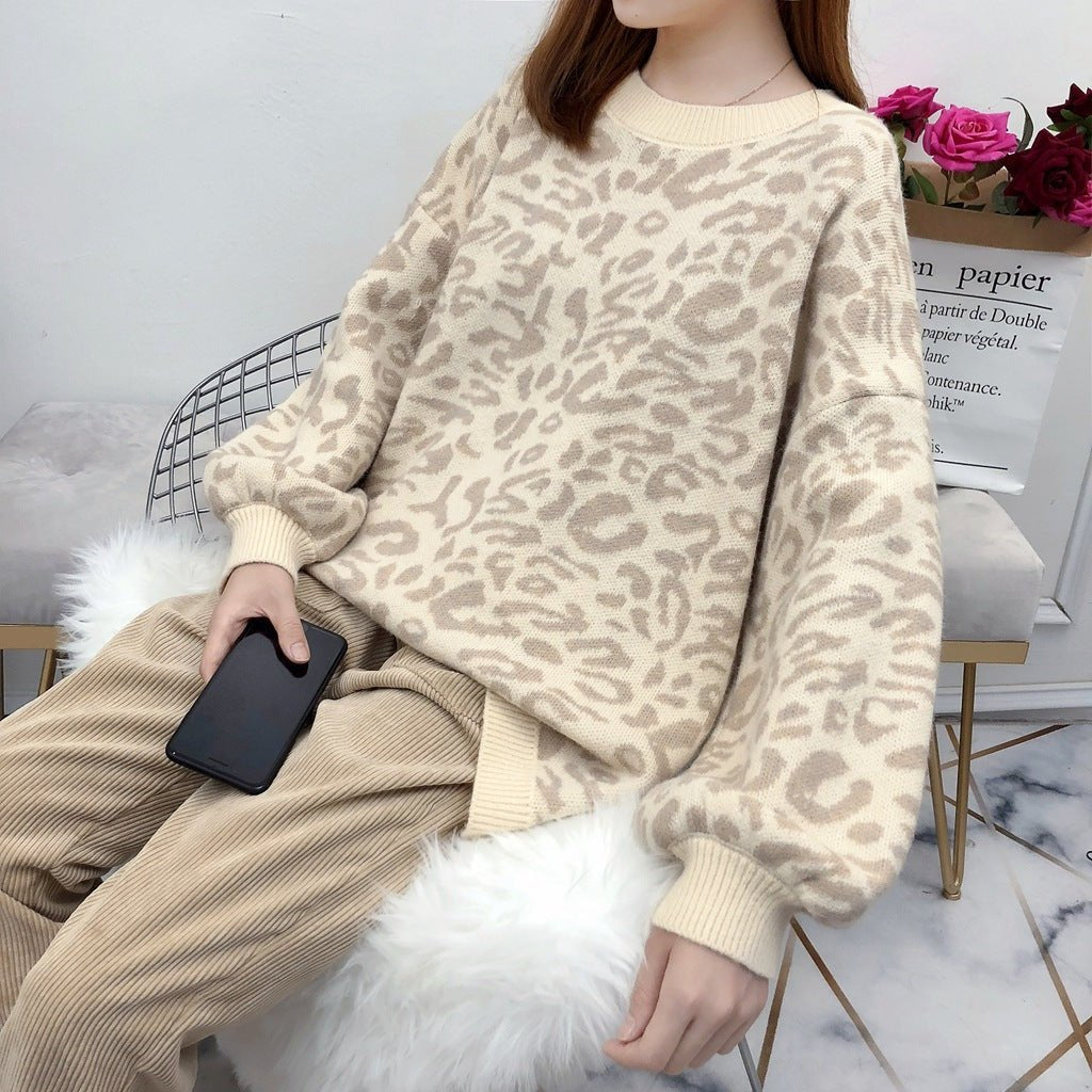 Autumn and Winter New Leopard Print Sweater Women's Korean Version Loose Lazy Wind Pullover Internet Celebrity Small Fresh Knitted Sweater Tide