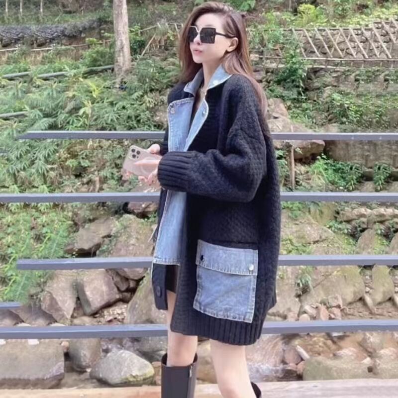Autumn New Lazy Style Fake Two Pieces Design Loose Knitted Sweater Jacket Cardigan