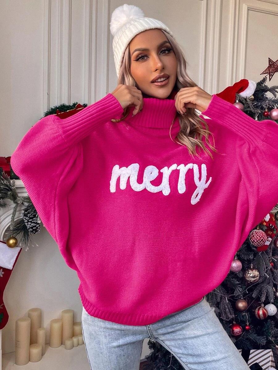 Christmas Turtleneck Sweater Women's Clothing Amazon Autumn and Winter Loose Bat Sleeves Outer Wear Knitted Top Women