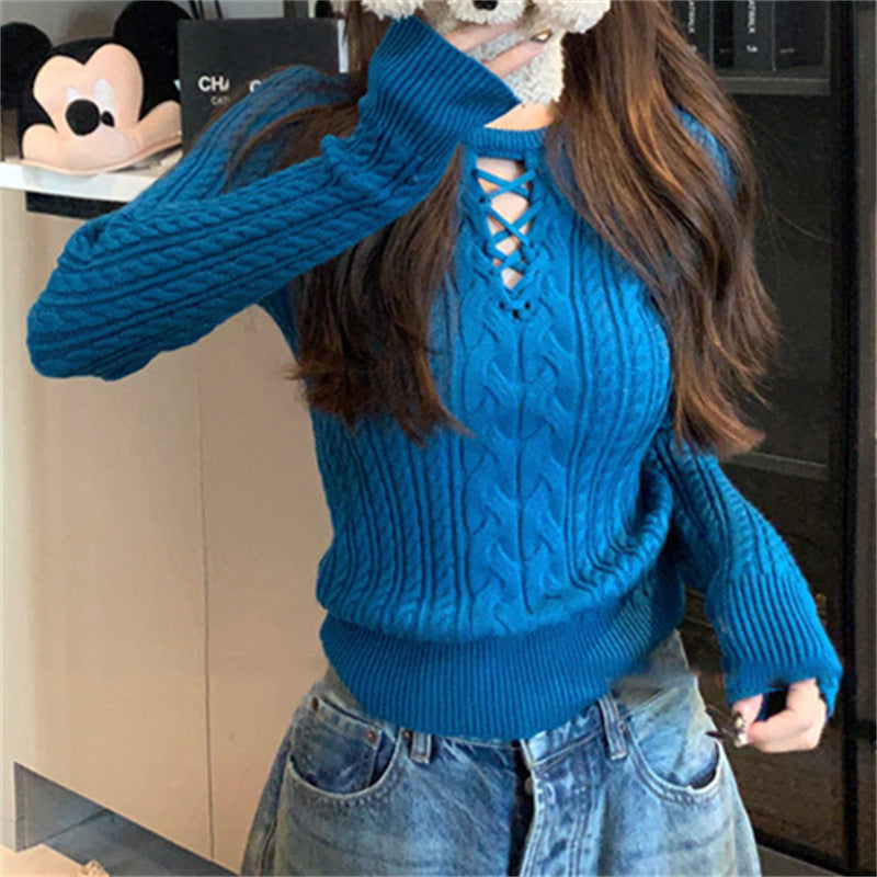 Autumn and Winter New Retro Design Long-sleeved Knitted Sweater Slim and Thin Fashion Hollow Bottom Top Women's Clothing
