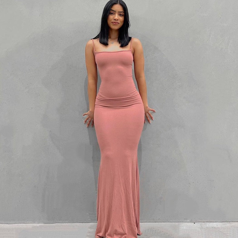 2025 Solid Color Women's Dress Slim Peach Hip Suspender Long Fishtail Skirt