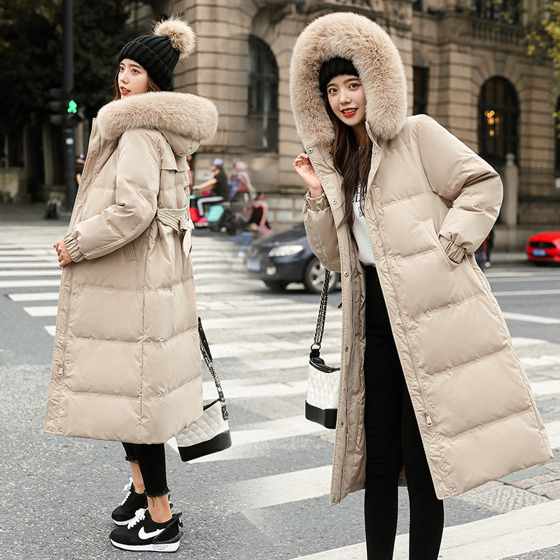 Women's long cotton-padded clothes hooded large sweater collar cotton-padded clothes are fashionable and versatile, simple and detachable fur collar jackets are trendy.