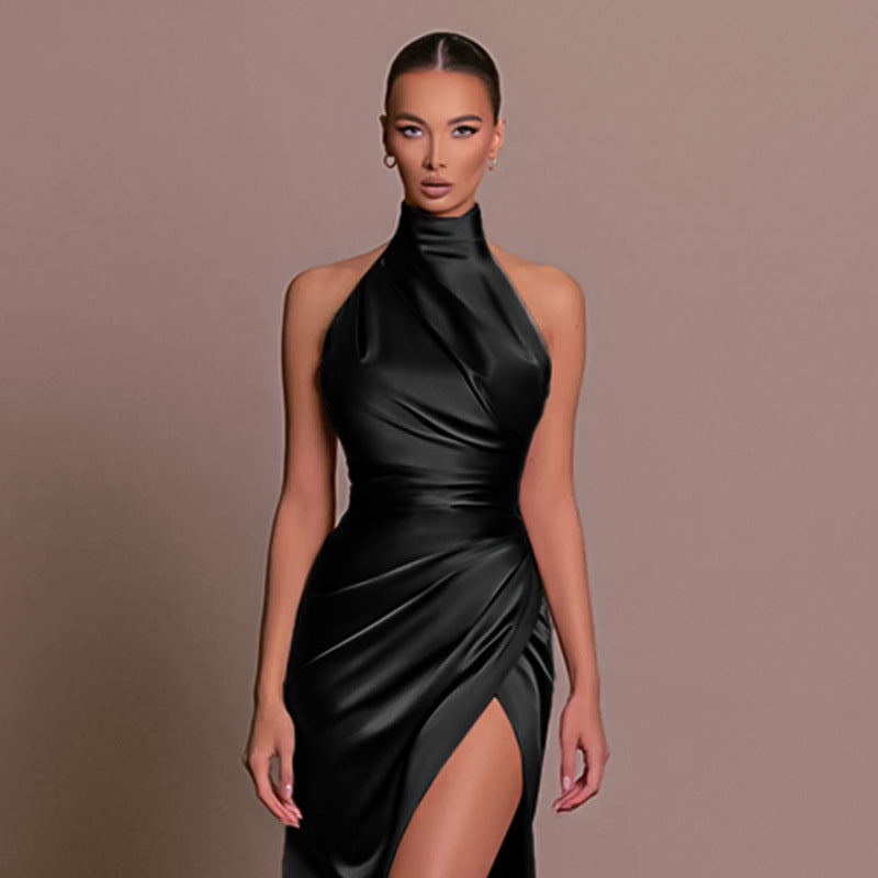 Women’s Vintage Sleeveless Split Dress: Elegant Stand-Up Collar Design