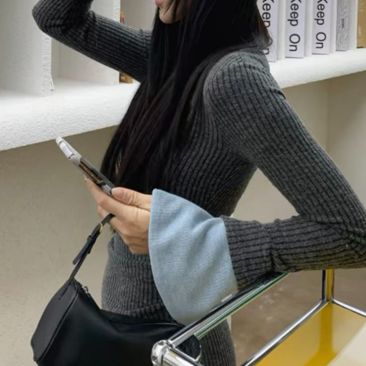 Wear A Contrasting Color Splicing Long-sleeved Dress Women's Clothing Waist Slim-fitting Knitted Hip Skirt