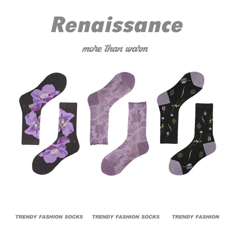 Vintage Renaissance Women’s/Kids’ Thermal Socks - Retro Combed Cotton, Fall-Winter Trendy Design-3PRS