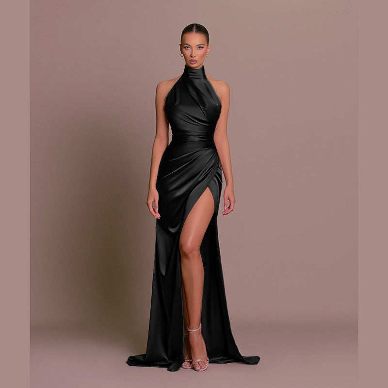 Women’s Vintage Sleeveless Split Dress: Elegant Stand-Up Collar Design