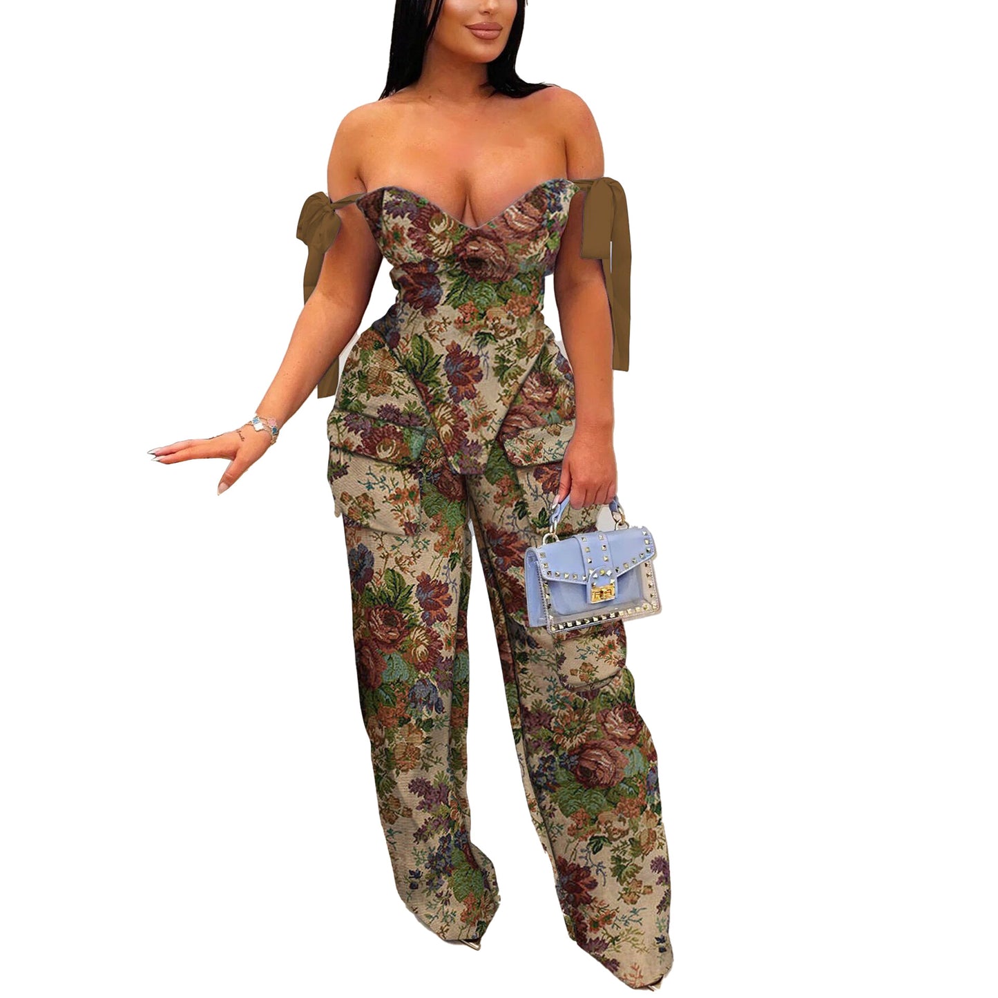 Stylish Oil-Print Cargo Pants - Drawstring Waist, Multi-Pocket Utility Set | Trendy Artistic Design