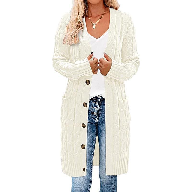 Autumn and Winter New Single-breasted Twist Pocket Solid Color Knitted Long Sweater Cardigan Jacket