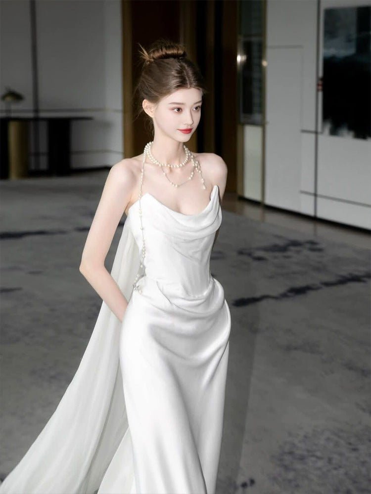 Light Wedding Dress White Trailing Wedding Bride Toast Engagement Evening Dress High Sense Satin Tube Top Dress Women