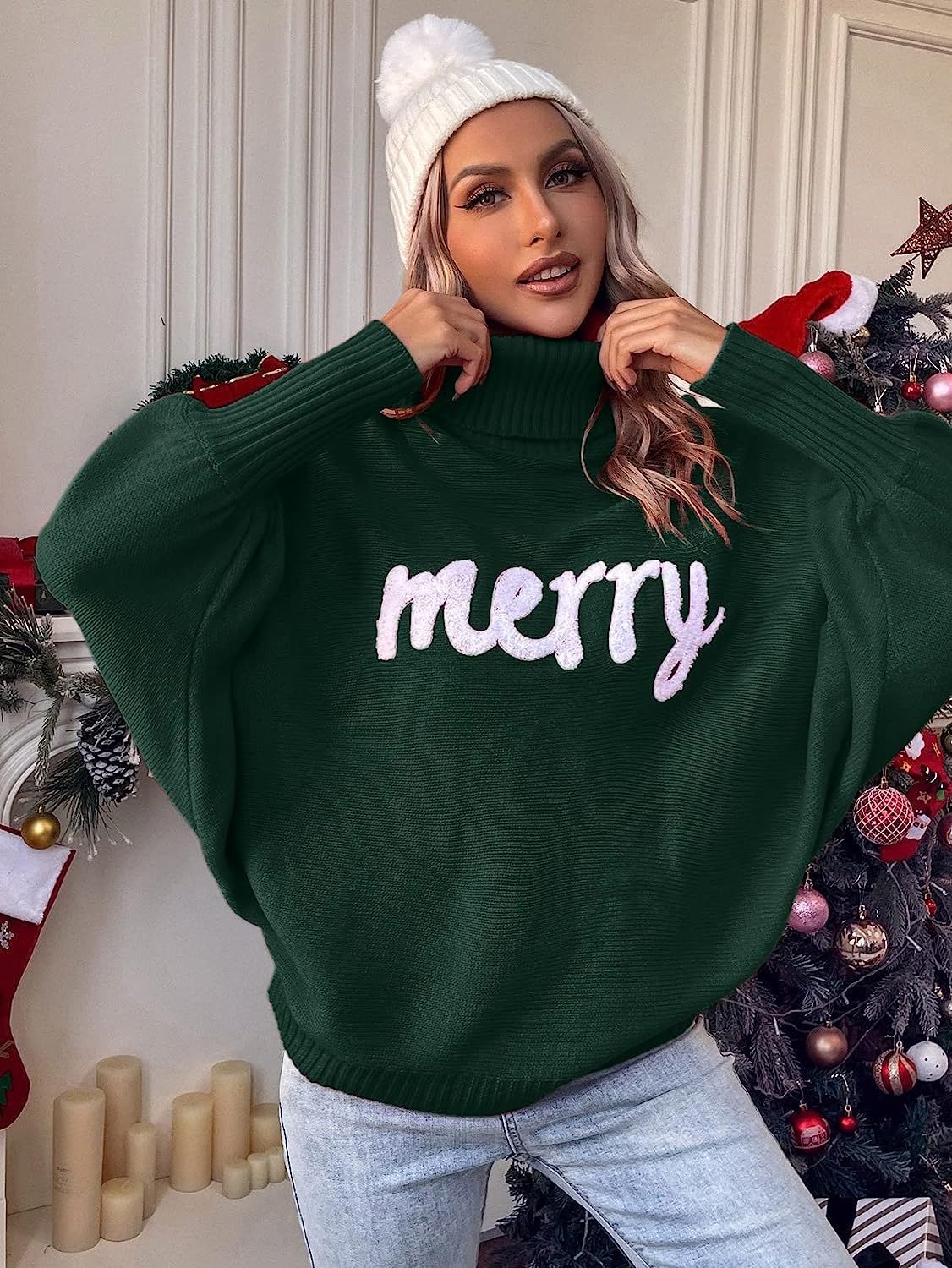 Christmas Turtleneck Sweater Women's Clothing Amazon Autumn and Winter Loose Bat Sleeves Outer Wear Knitted Top Women
