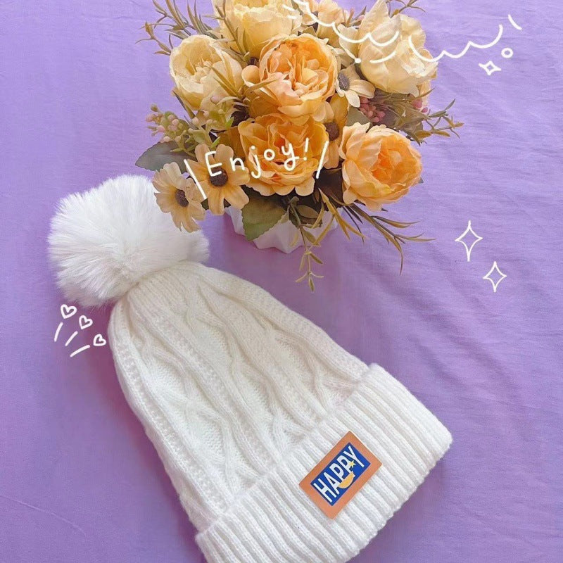 Winter New Happy Plush Women's Warm Thickened Knitted Hat Versatile Double-layer Ear Protection Hat